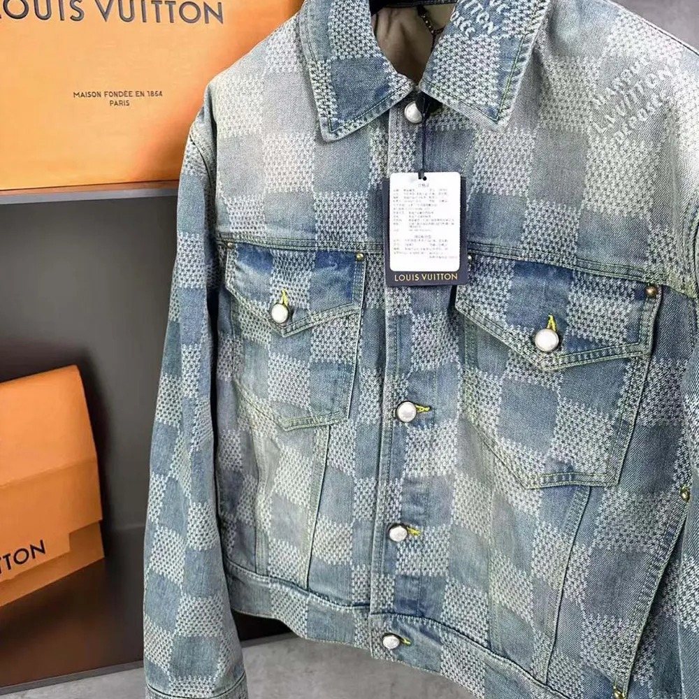 Louis Vuitton Men Damier Washed Denim Jacket-Blue 1AFHUC