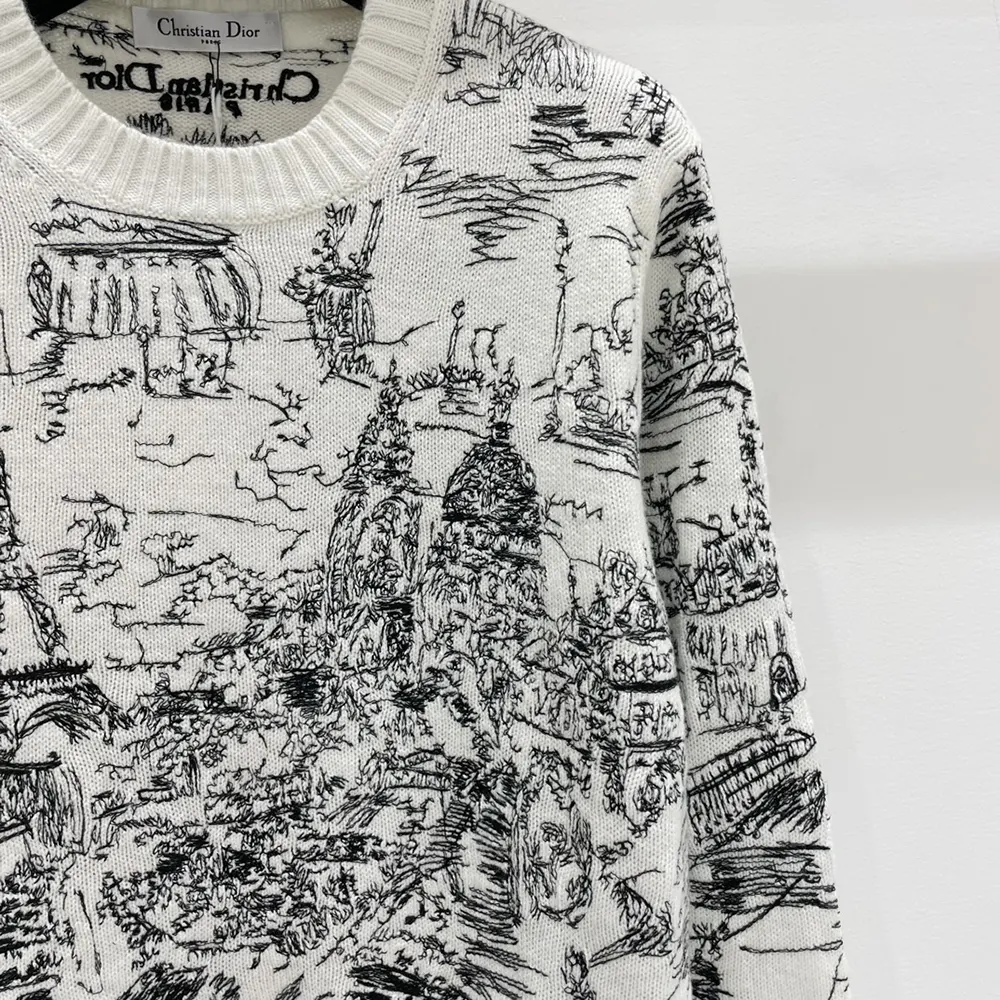 Dior Men Embroidered Sweater White and Black Cashmere Knit with Paris Allover Motif