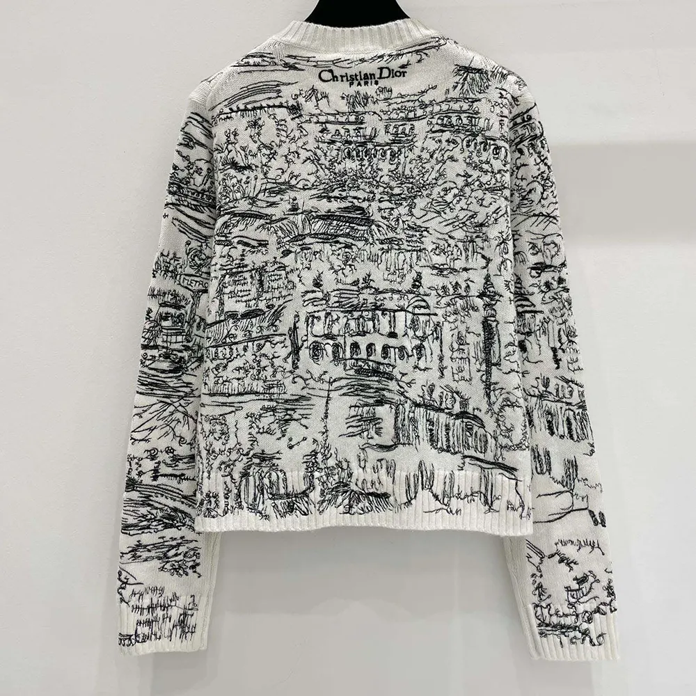 Dior Men Embroidered Sweater White and Black Cashmere Knit with Paris Allover Motif
