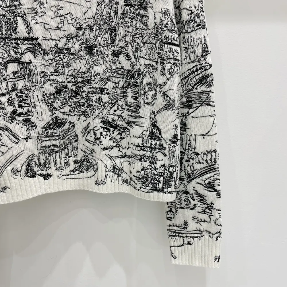 Dior Men Embroidered Sweater White and Black Cashmere Knit with Paris Allover Motif
