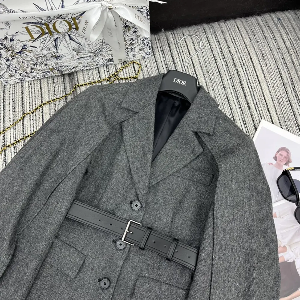 Dior Women Belted Jacket with Removable Scarf Gray Virgin Wool Tweed