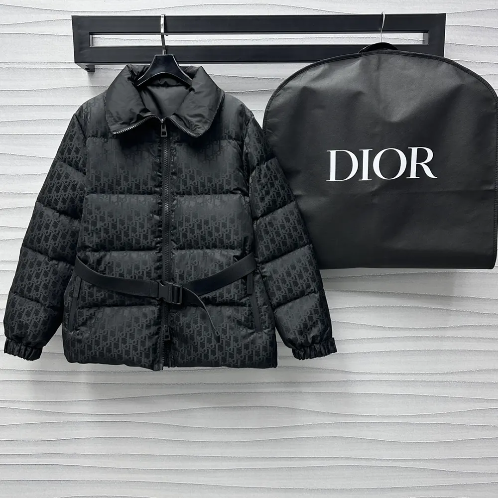 Dior Men DiorAlps Belted Puffer Jacket Black Quilted Technical Taffeta Jacquard