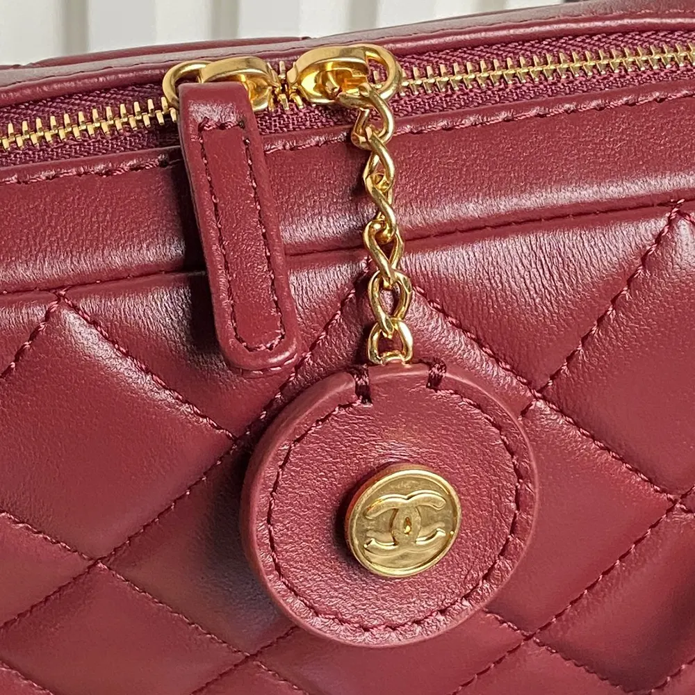 Chanel Women Mini Camera Case Shiny Lambskin Gold Tone Metal-Burgundy