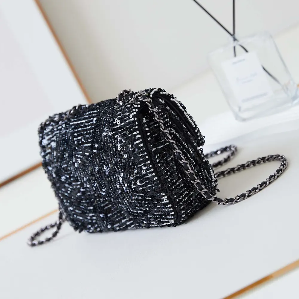 Chanel Women Small Flap Bag Sequins Silver Tone Metal