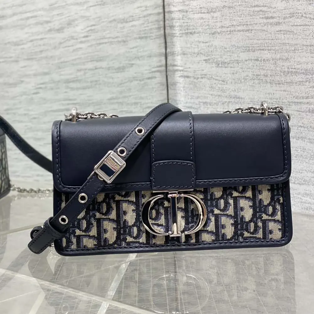 Dior Women 30 Montaigne East-West Bag with Chain Blue Dior Oblique Jacquard and Smooth Calfskin
