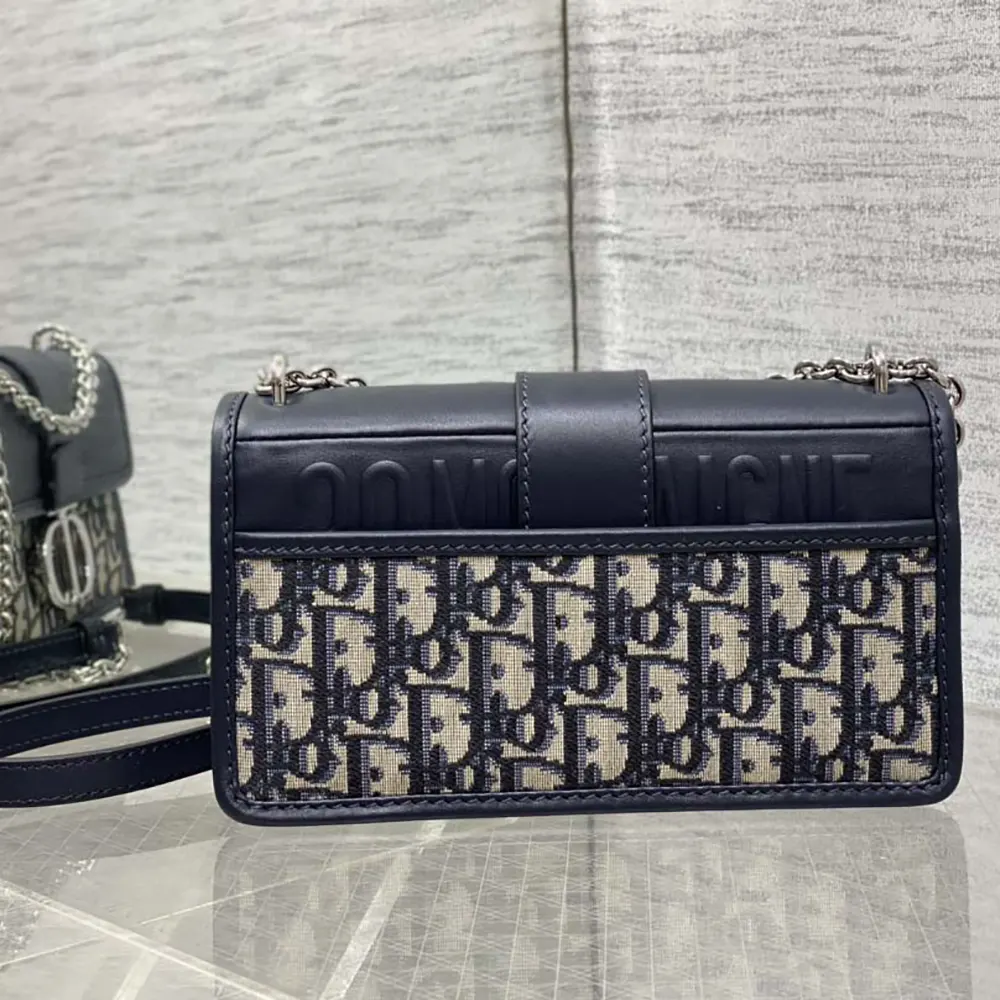 Dior Women 30 Montaigne East-West Bag with Chain Blue Dior Oblique Jacquard and Smooth Calfskin