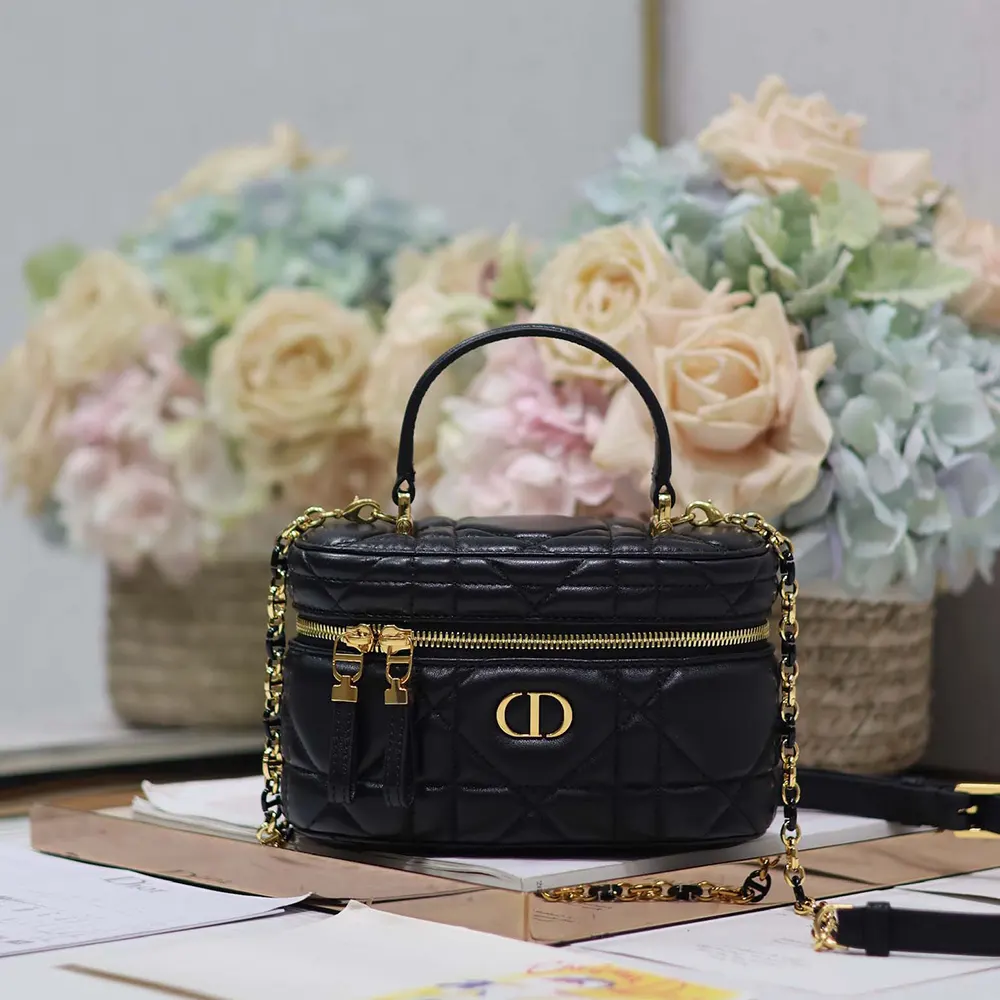 Dior Women Caro Mini Vanity Case Black Macrocannage Lambskin