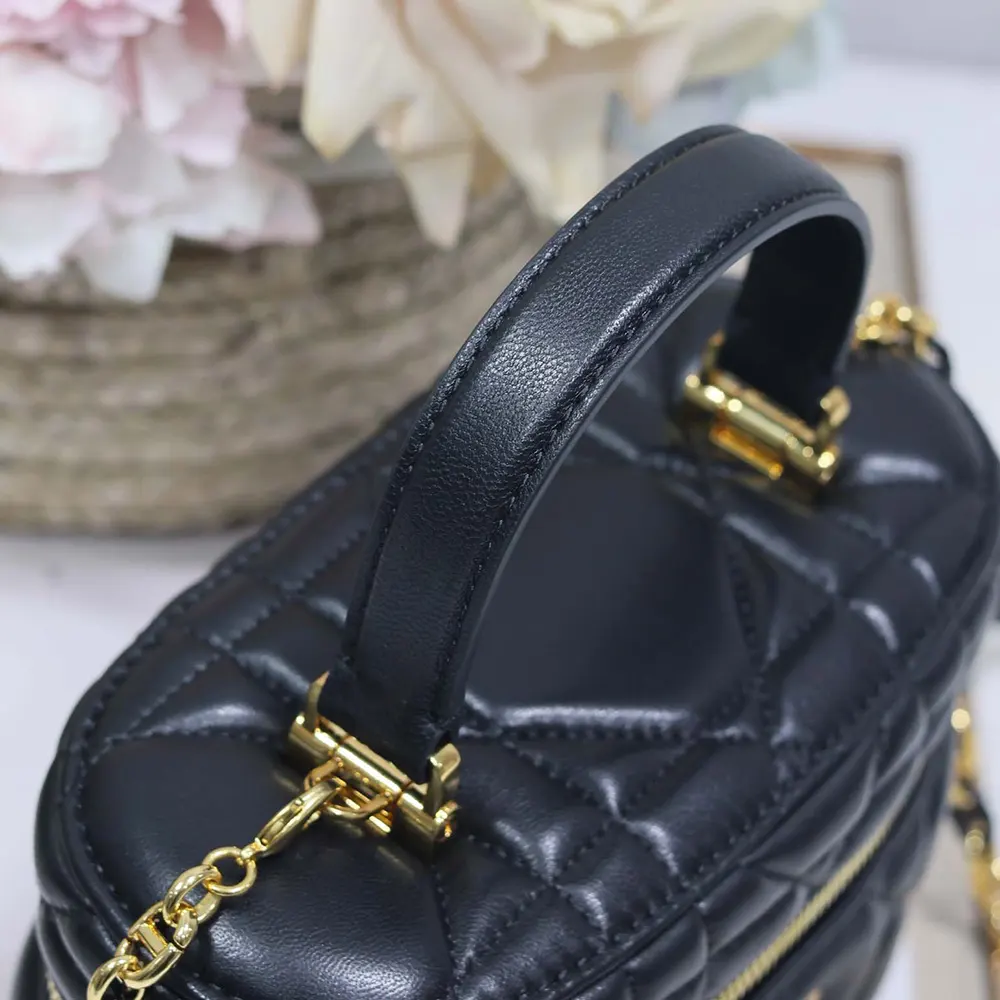 Dior Women Caro Mini Vanity Case Black Macrocannage Lambskin