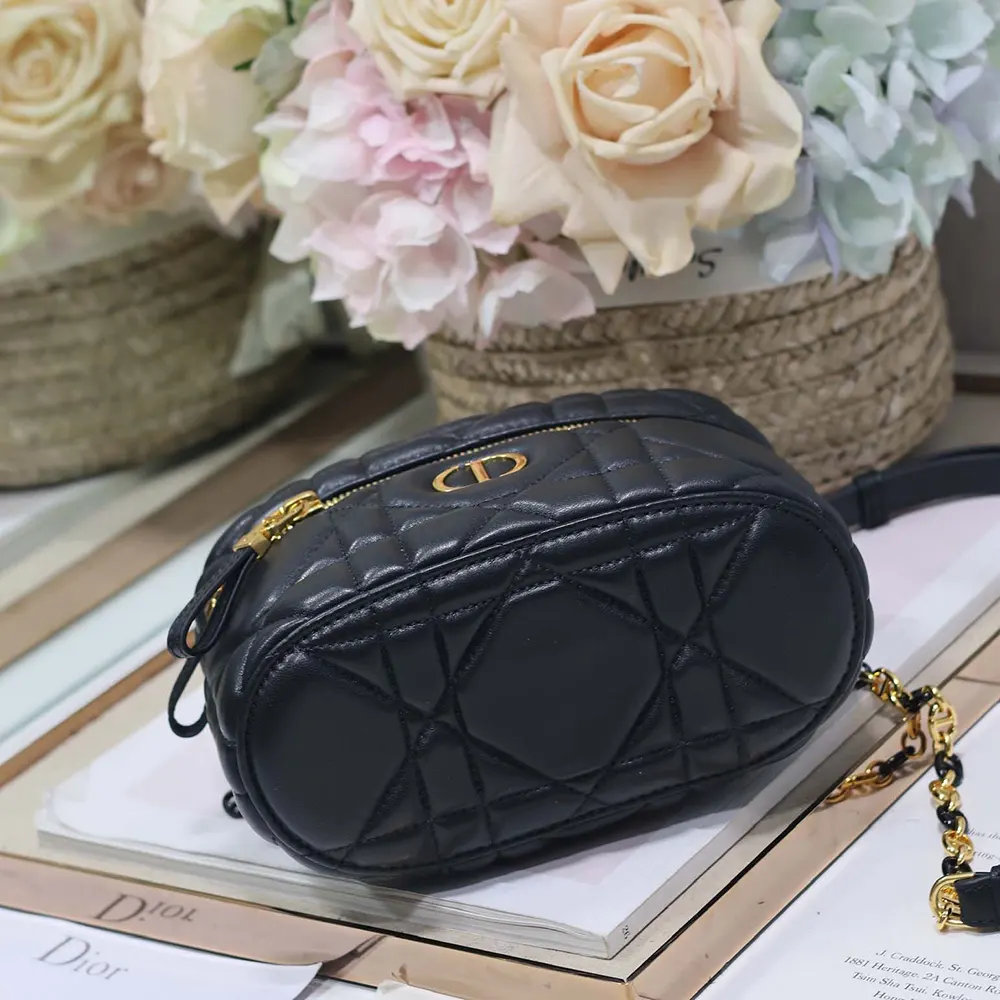 Dior Women Caro Mini Vanity Case Black Macrocannage Lambskin