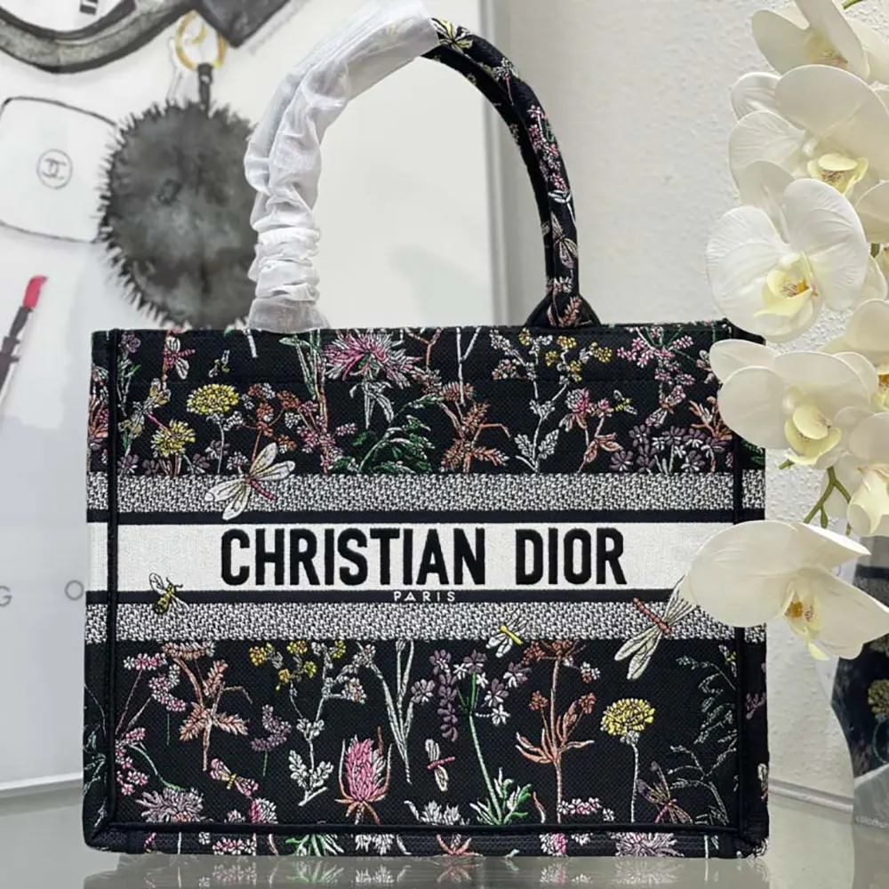 Dior Women Medium Dior Book Tote Black Embroidery with Multicolor Millefiori Unicorn Motif