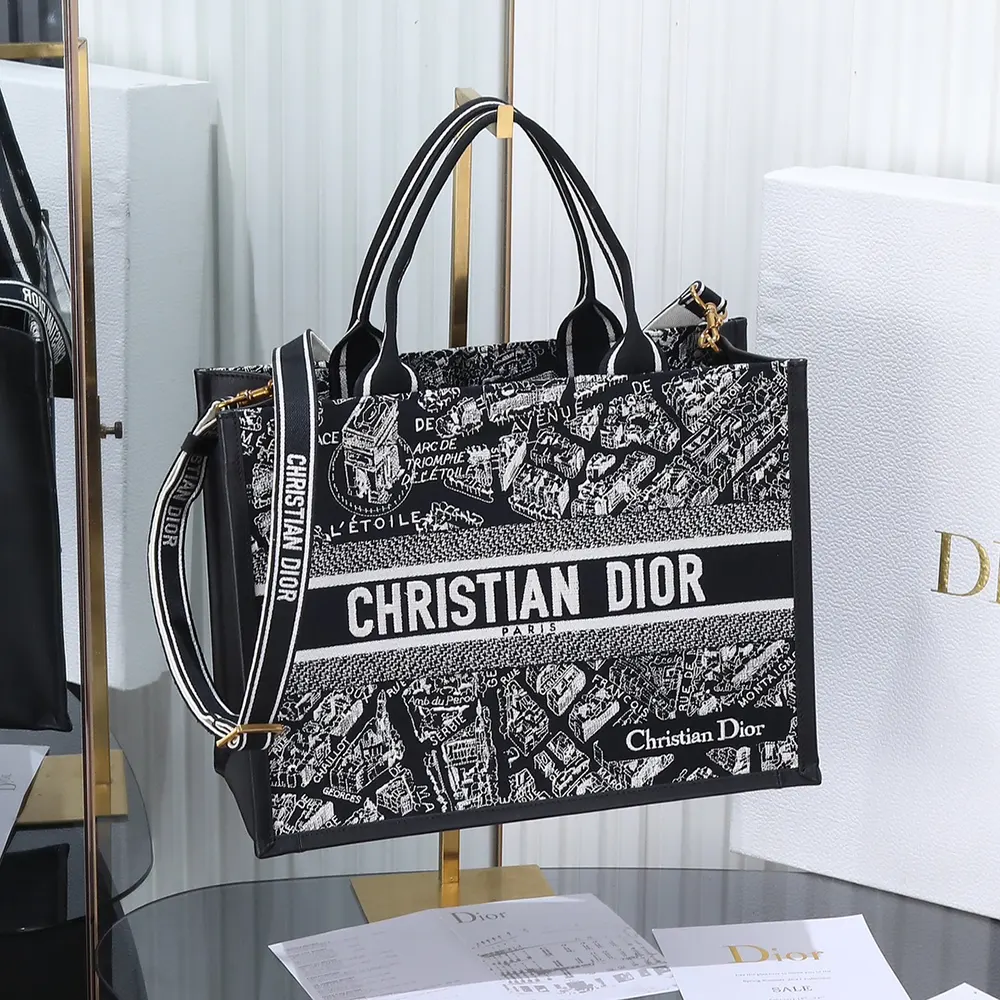 Dior Women Medium Dior Book Tote Black and White Plan de Paris Embroidery with Black Calfskin