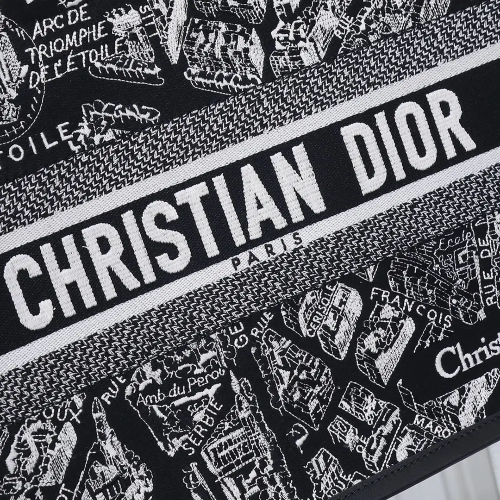 Dior Women Medium Dior Book Tote Black and White Plan de Paris Embroidery with Black Calfskin