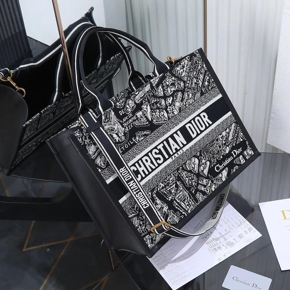 Dior Women Medium Dior Book Tote Black and White Plan de Paris Embroidery with Black Calfskin