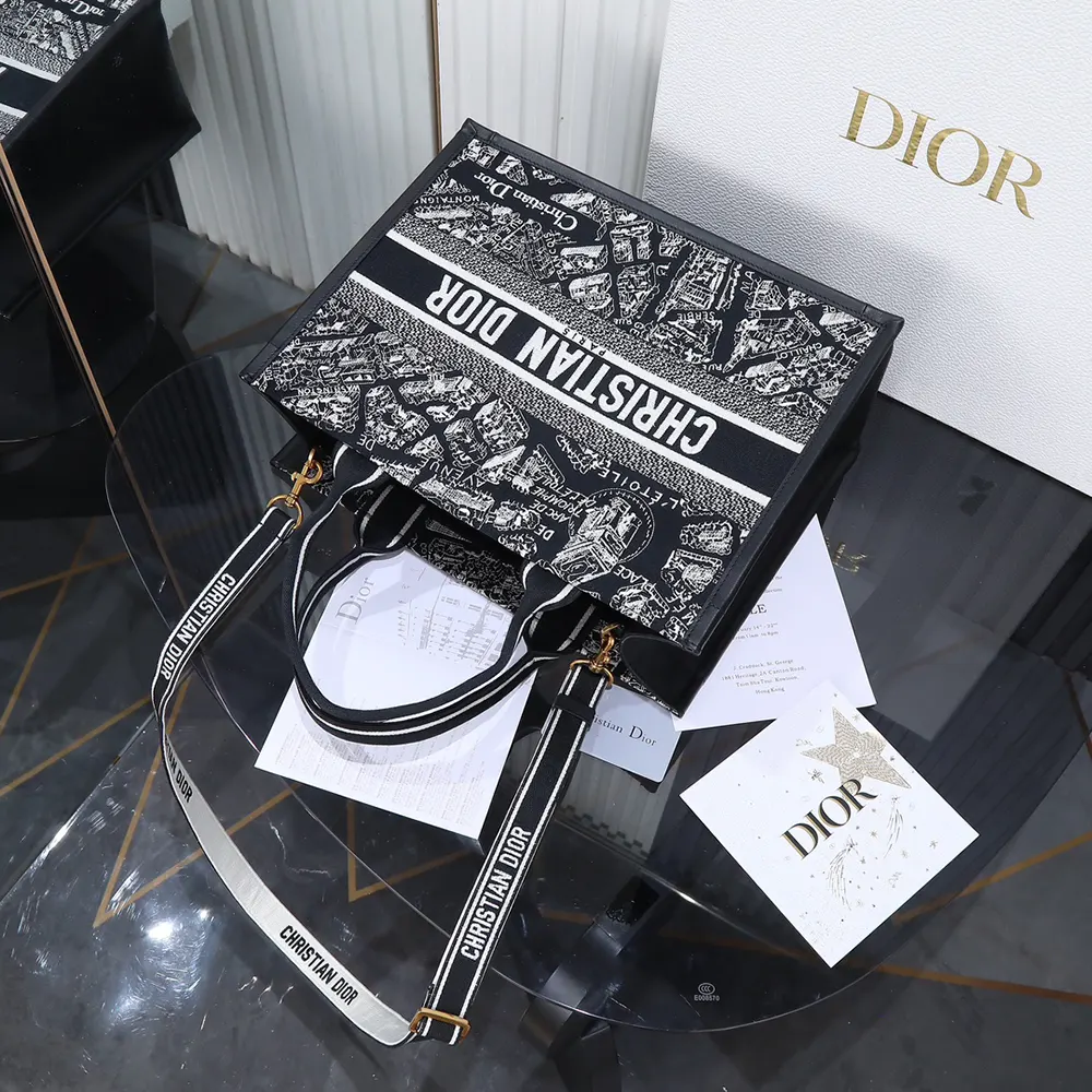Dior Women Medium Dior Book Tote Black and White Plan de Paris Embroidery with Black Calfskin