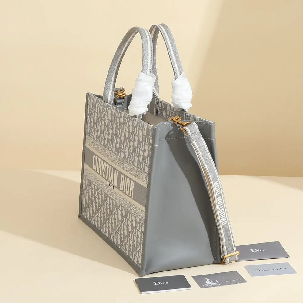 Dior Women Medium Dior Book Tote Gray Dior Oblique Embroidery and Calfskin