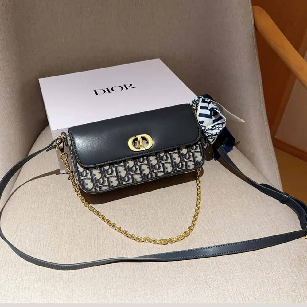 Dior Women Miss Caro Pouch with Chain Blue Dior Oblique Jacquard and Smooth Calfskin