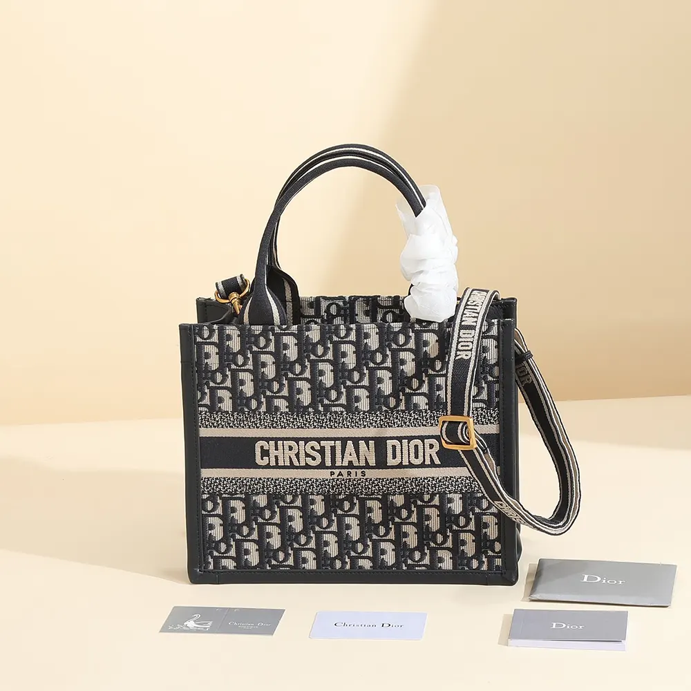 Dior Women Small Dior Book Tote Blue Dior Oblique Embroidery and Calfskin