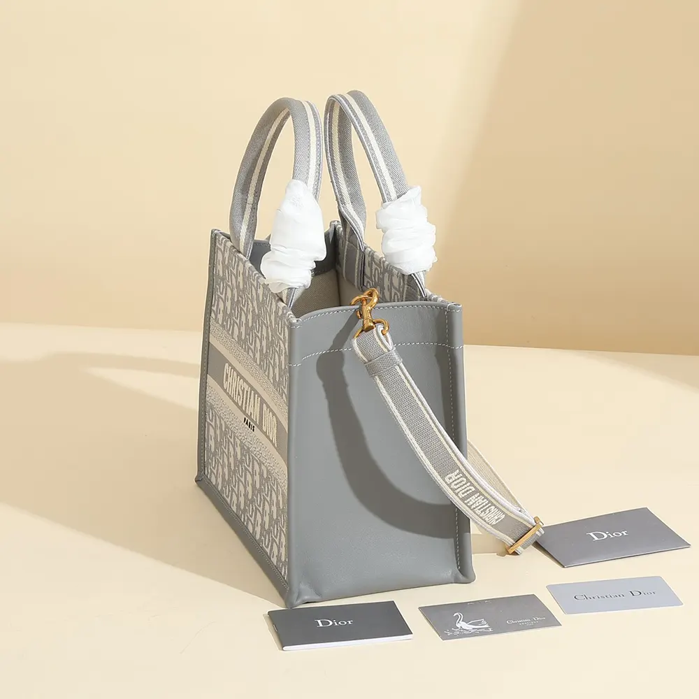 Dior Women Small Dior Book Tote Gray Dior Oblique Embroidery and Calfskin