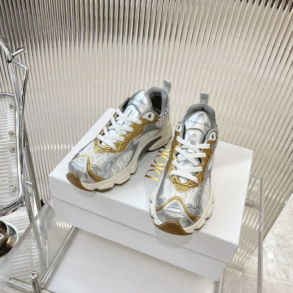 Dior Women Vibe Sneaker White Mesh Printed with Dior Oblique Motif and Gold- and Silver-Tone