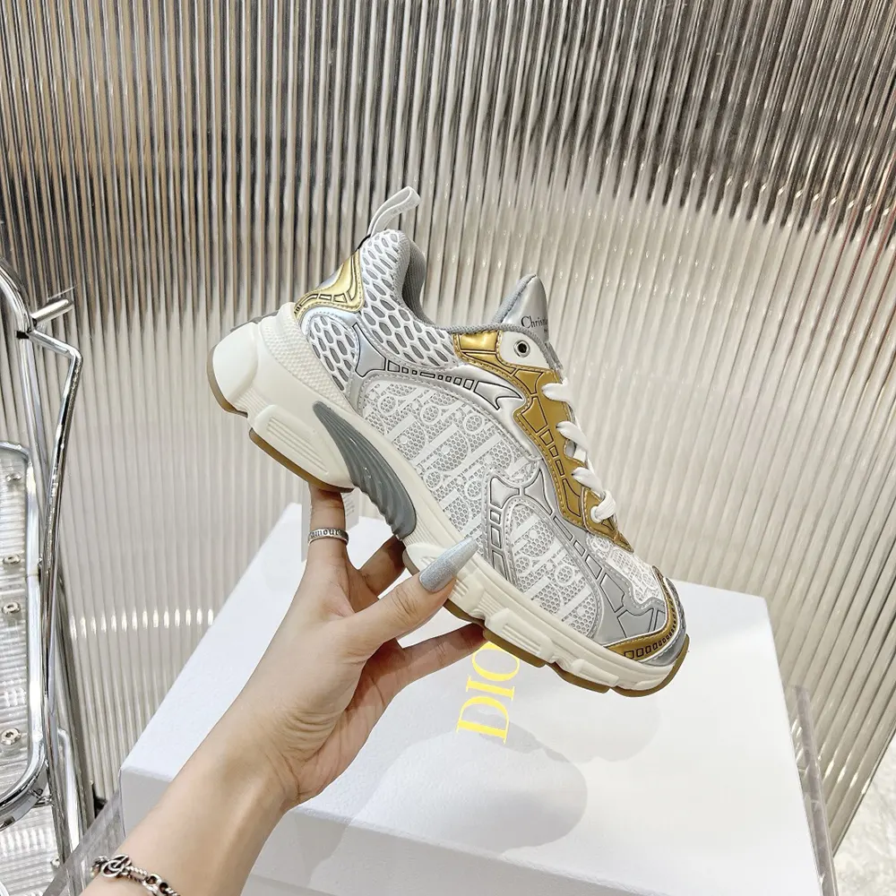 Dior Women Vibe Sneaker White Mesh Printed with Dior Oblique Motif and Gold- and Silver-Tone