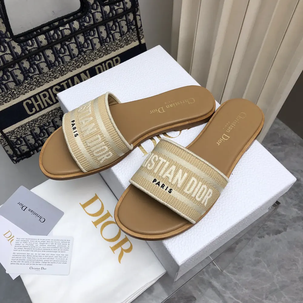 Dior Women Dioriviera Dway Slide Natural Raffia and White Embroidered Cotton
