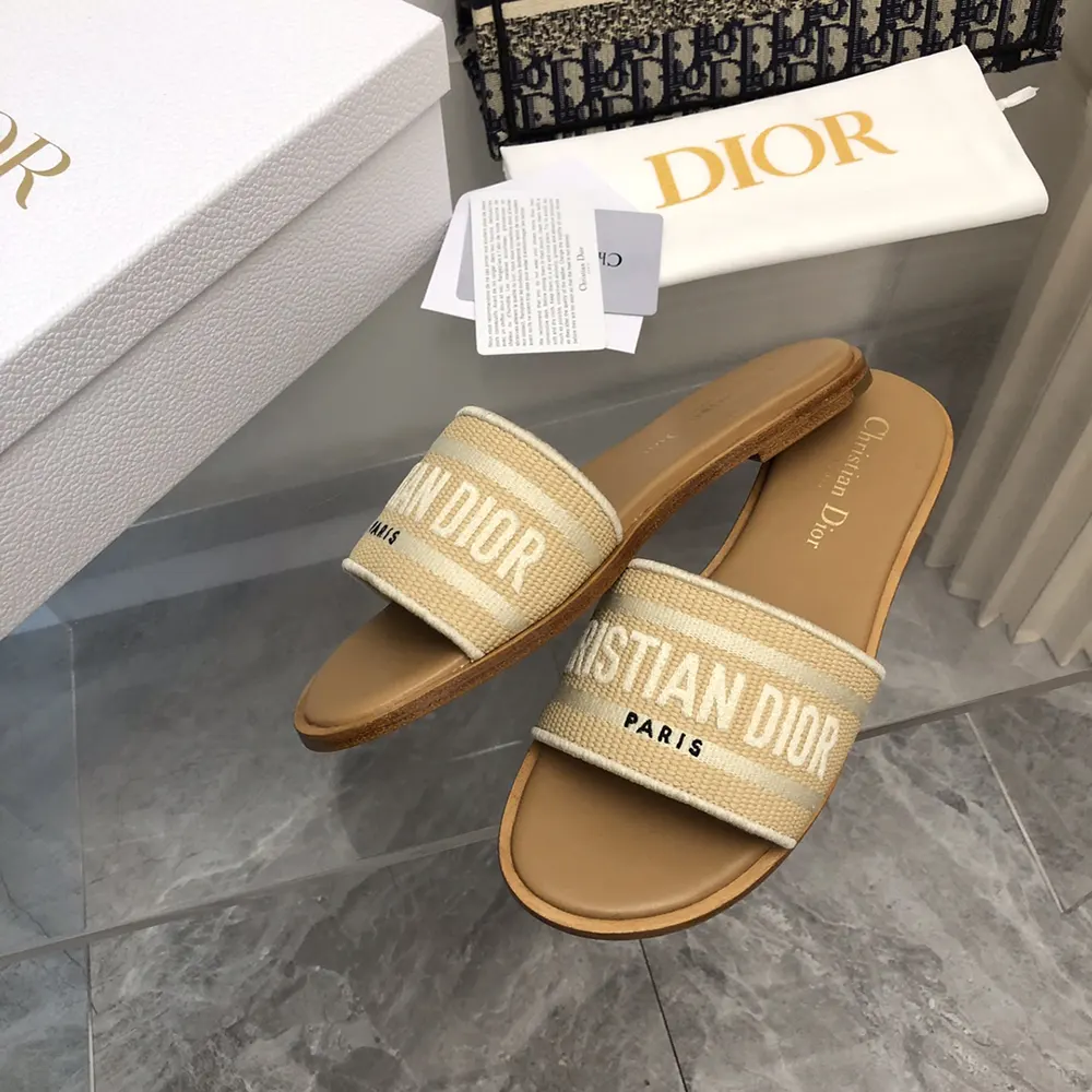 Dior Women Dioriviera Dway Slide Natural Raffia and White Embroidered Cotton