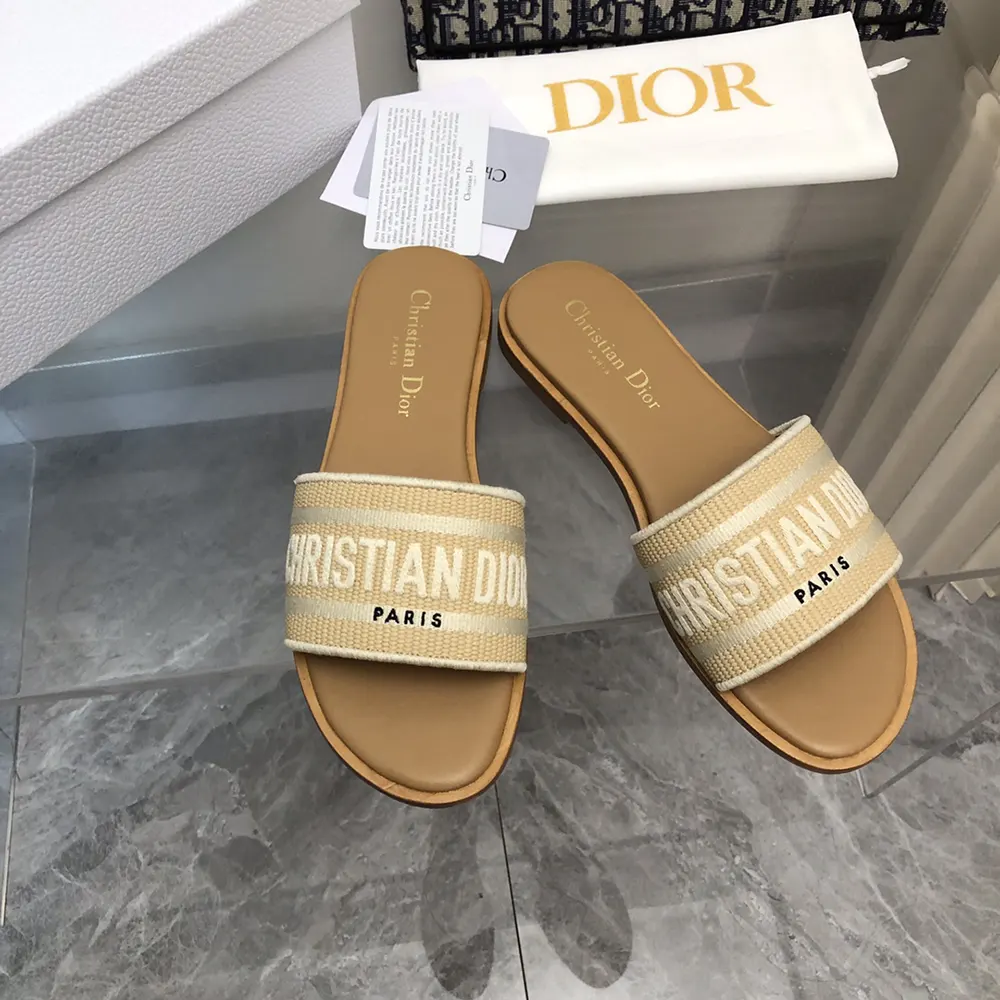 Dior Women Dioriviera Dway Slide Natural Raffia and White Embroidered Cotton