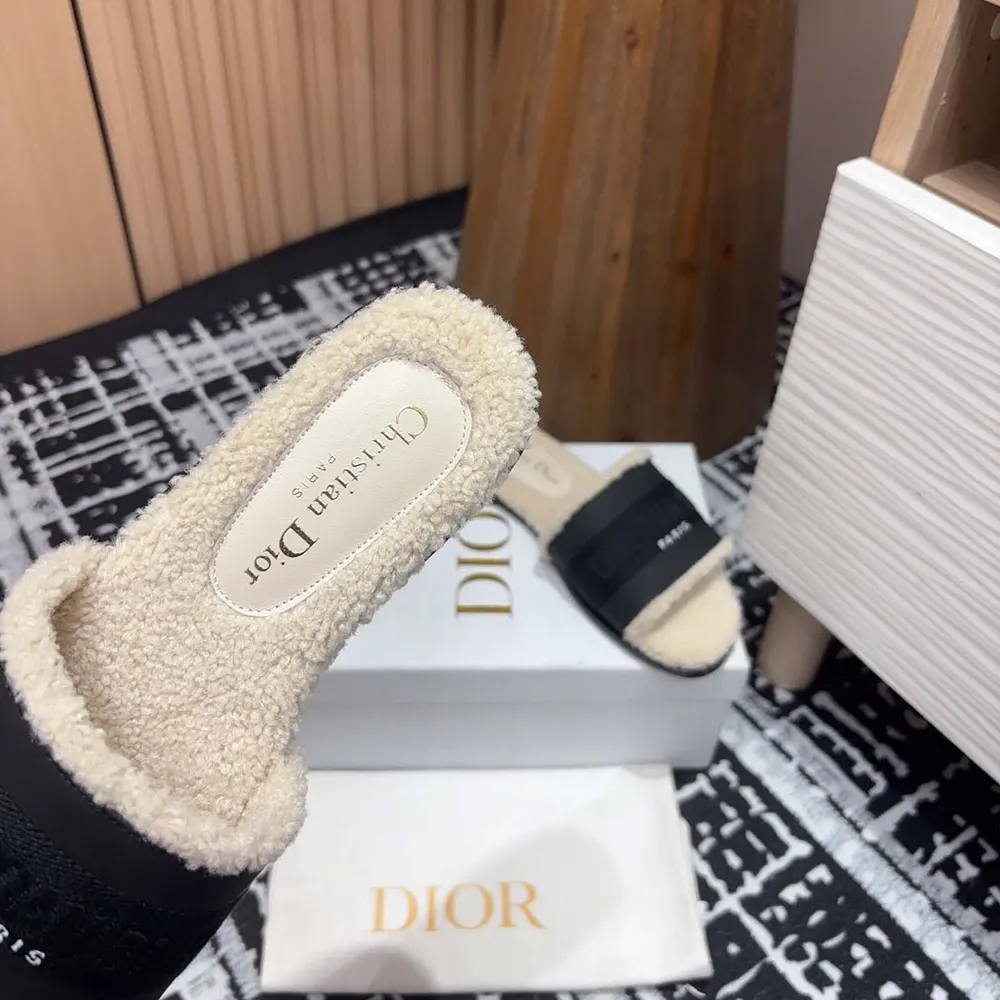 Dior Women Dway Slide Black Calfskin and Embroidered Cotton