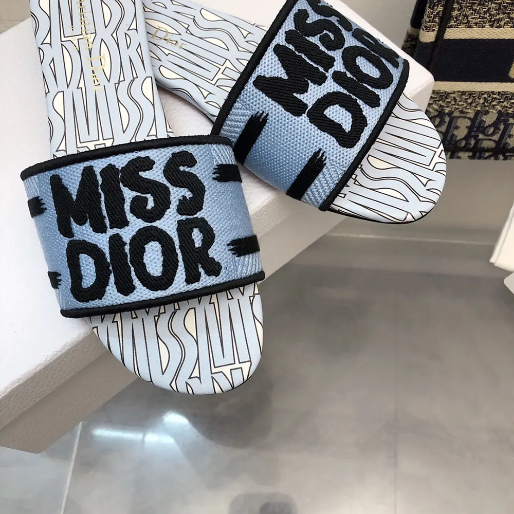 Dior Women Dway Slide Embroidered Cotton and Pale Blue Miss Dior Allover Motif
