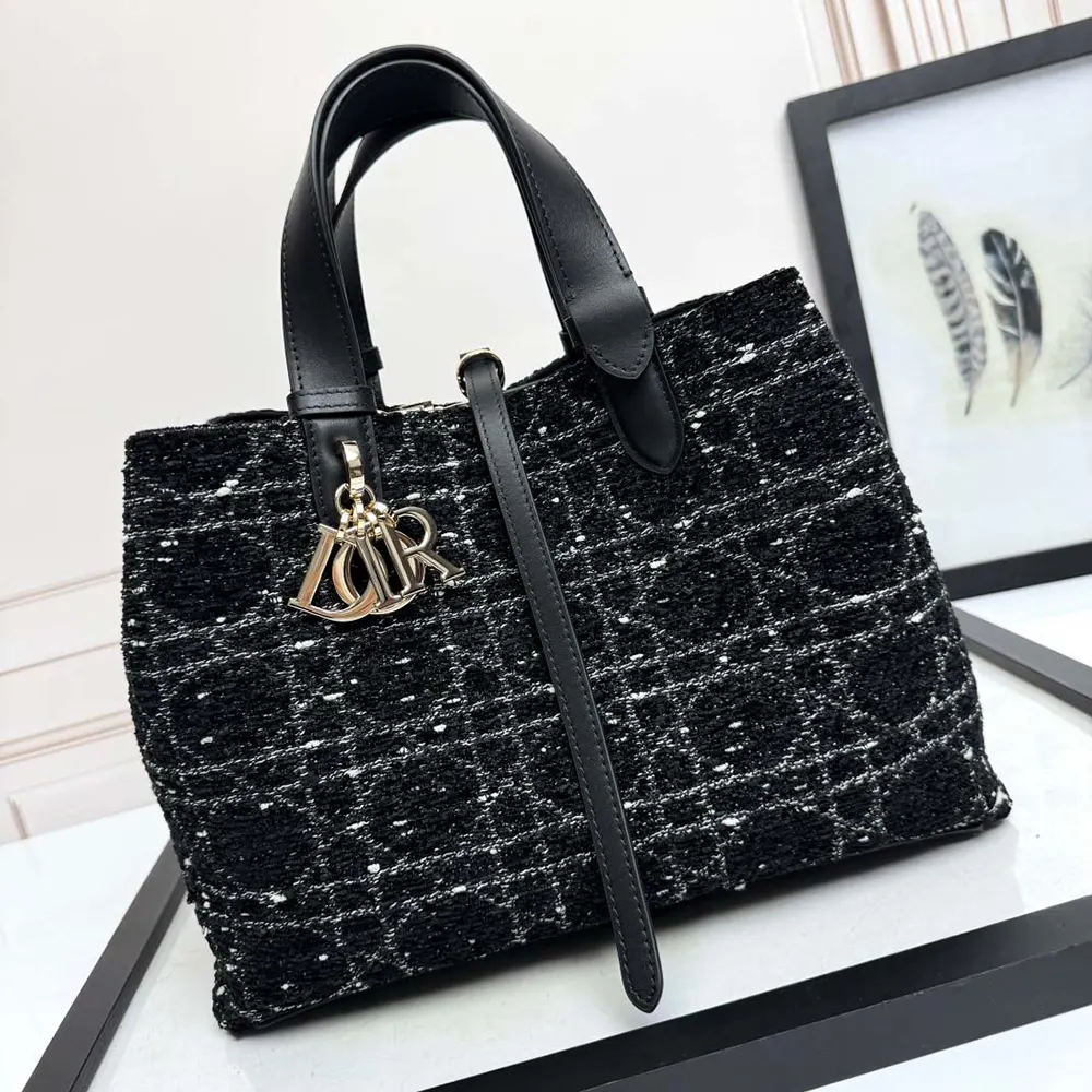 Dior Women Medium Dior Toujours Bag Black Tweed with White Cannage Motif