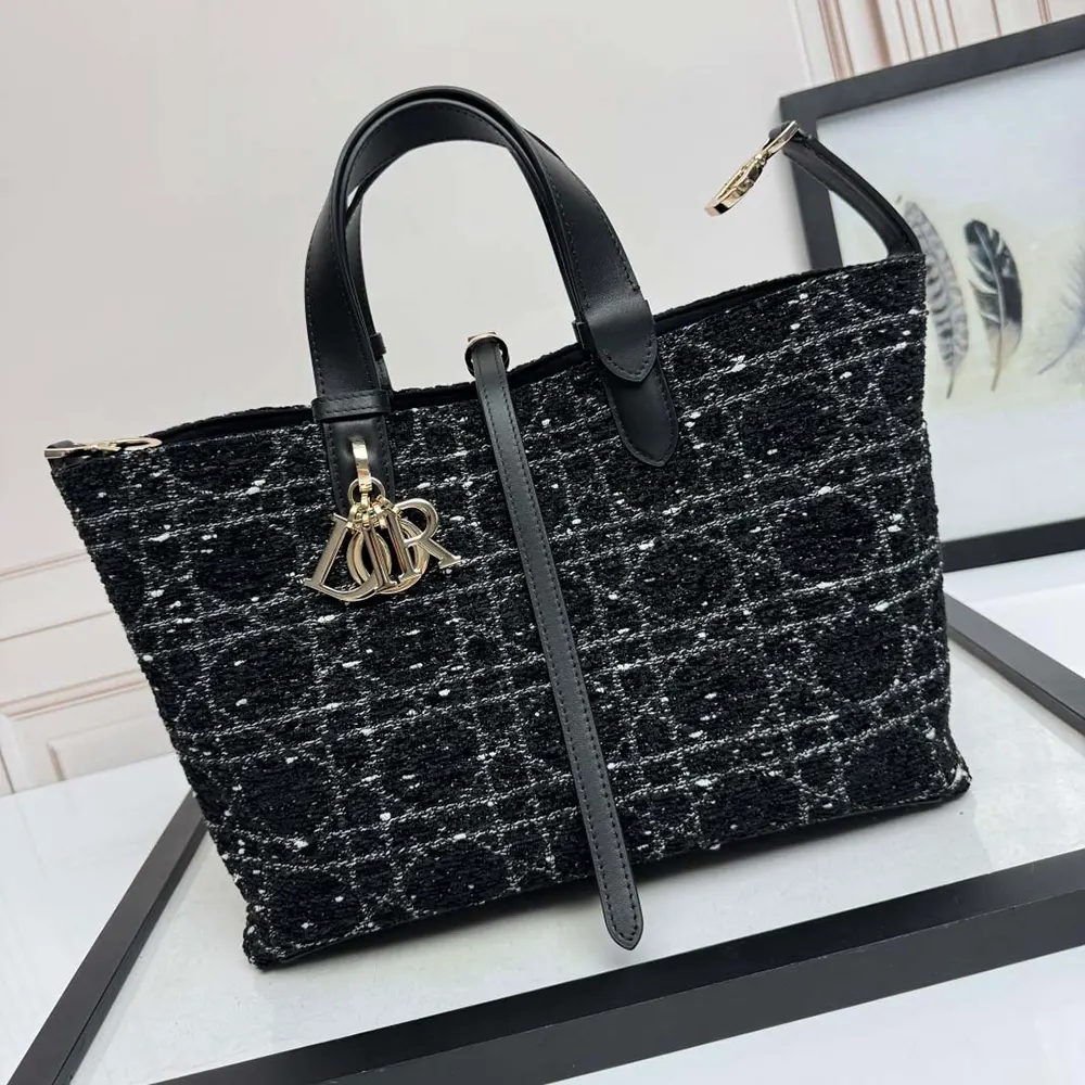 Dior Women Medium Dior Toujours Bag Black Tweed with White Cannage Motif