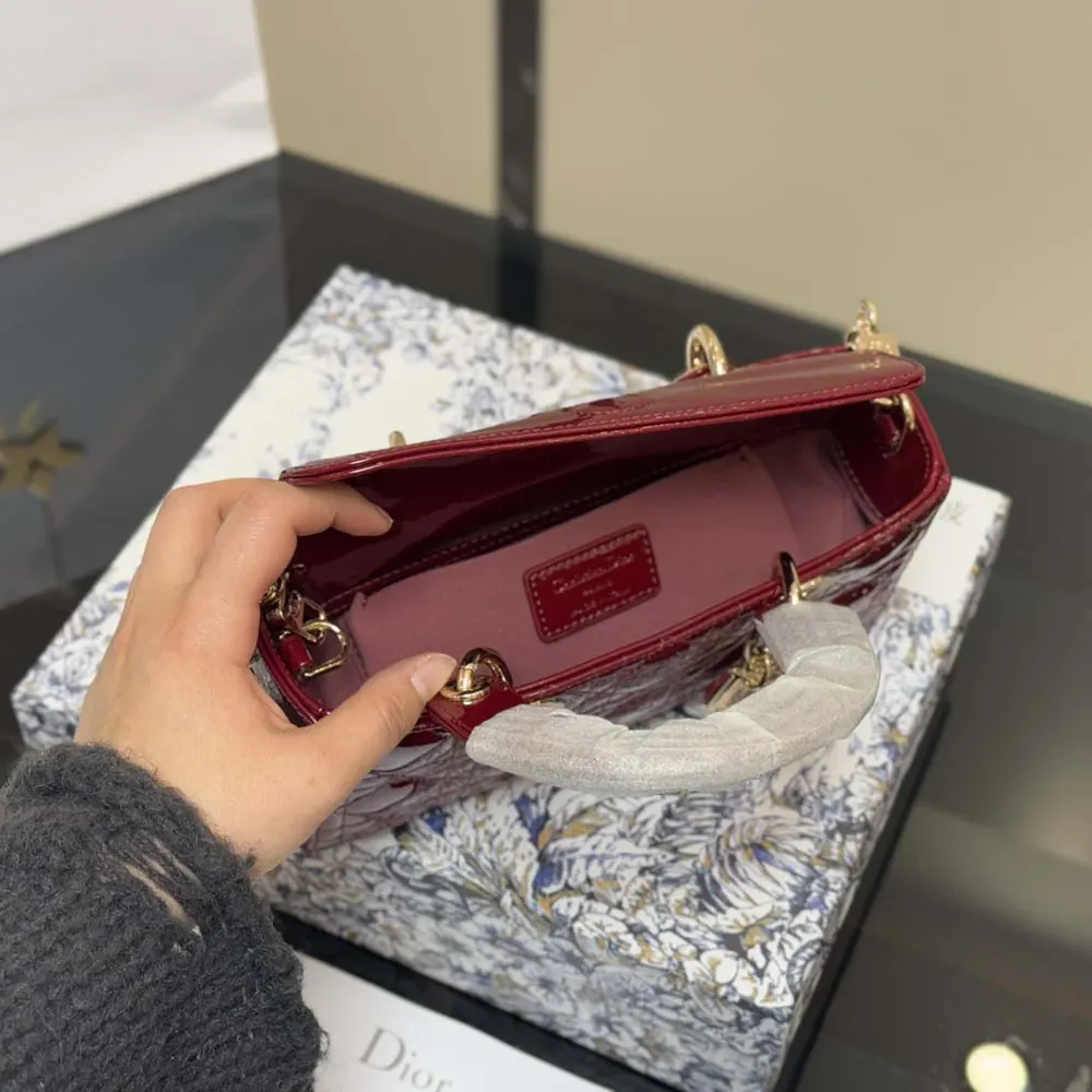 Dior Women Small Lady D-Joy Bag Cherry Red Patent Cannage Calfskin