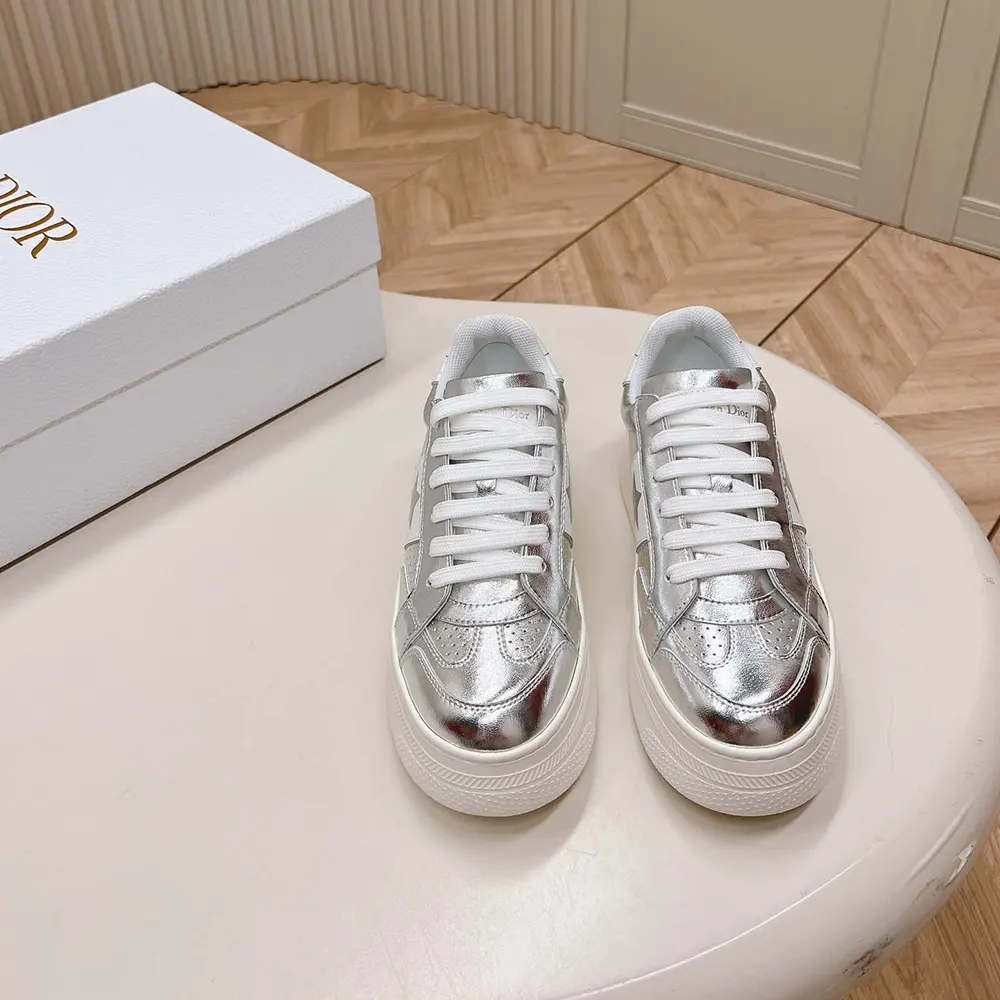 Dior Women Star Platform Sneaker Silver-Tone Crinkled-Effect Lambskin and White Calfskin