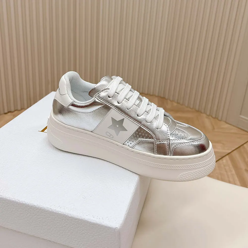 Dior Women Star Platform Sneaker Silver-Tone Crinkled-Effect Lambskin and White Calfskin