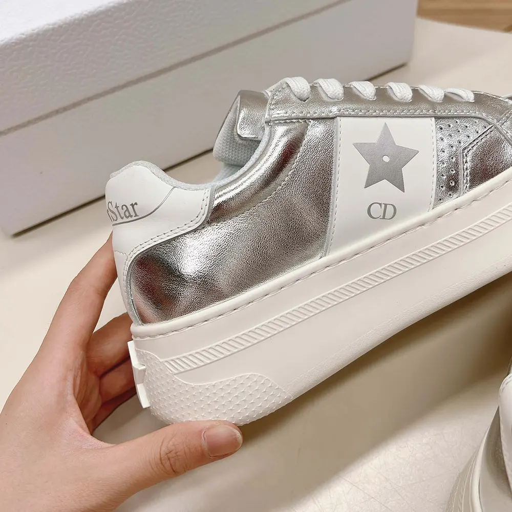 Dior Women Star Platform Sneaker Silver-Tone Crinkled-Effect Lambskin and White Calfskin