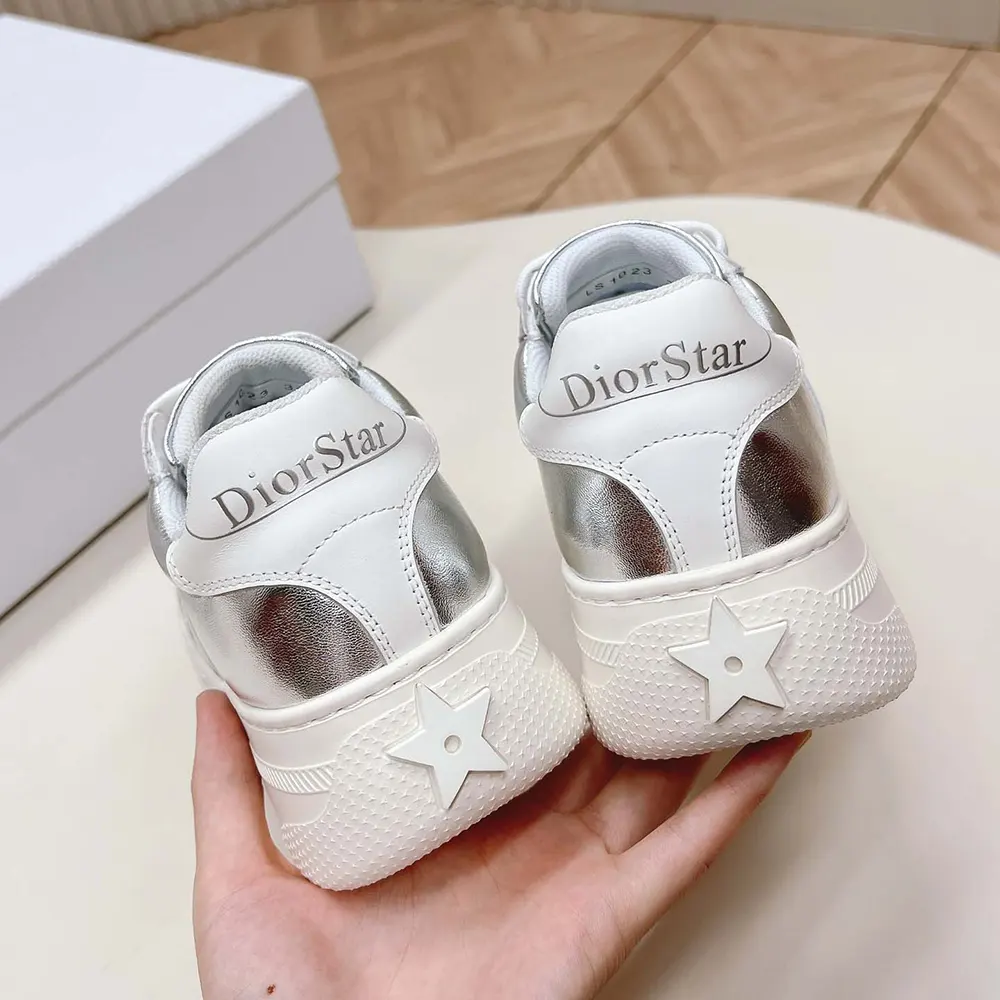 Dior Women Star Platform Sneaker Silver-Tone Crinkled-Effect Lambskin and White Calfskin