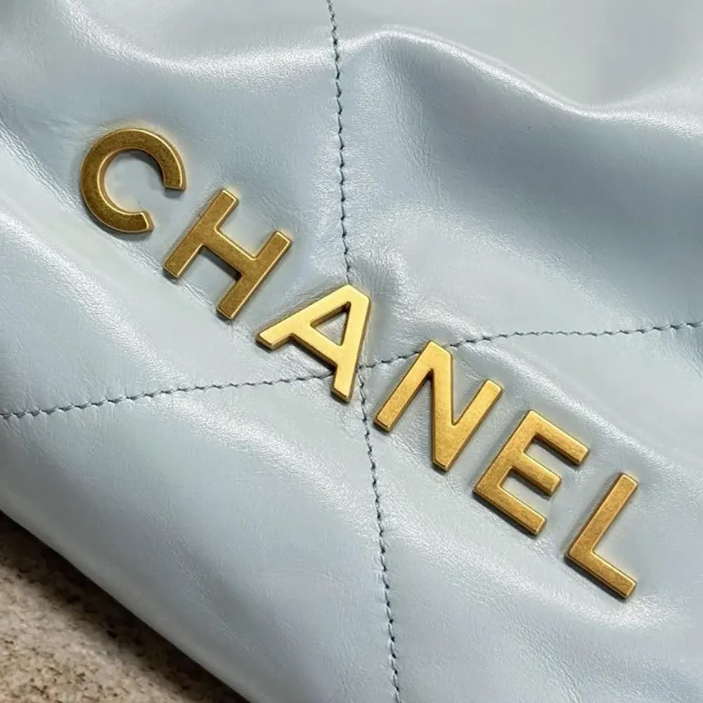 Chanel Women Mini CC 22 Handbag Shiny Calfskin & Gold-Tone Metal Light Blue