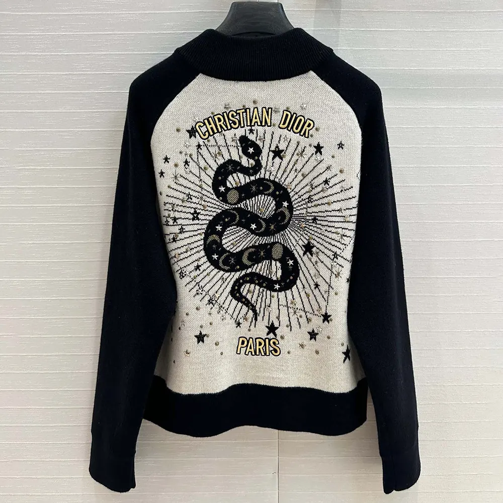 Dior Women Bomber Jacket Black and White Cashmere-Blend Knit with Multicolor Dior Astral Motif