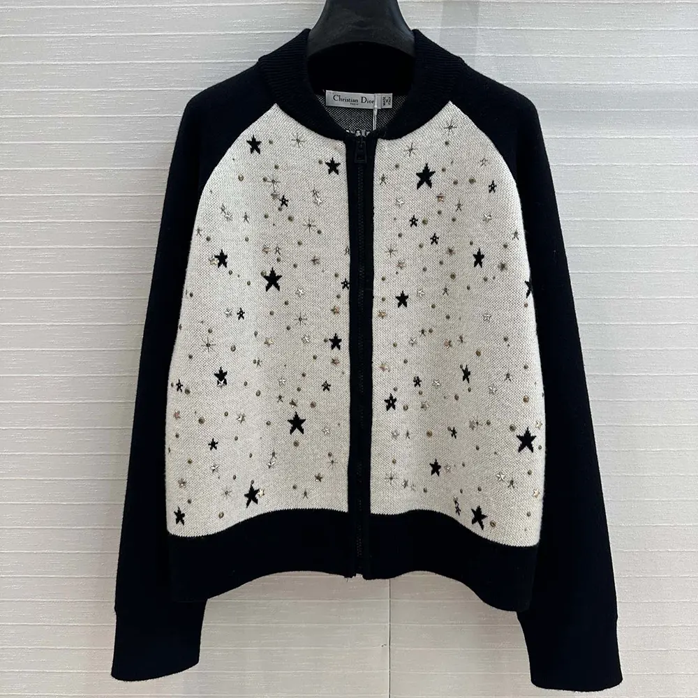 Dior Women Bomber Jacket Black and White Cashmere-Blend Knit with Multicolor Dior Astral Motif