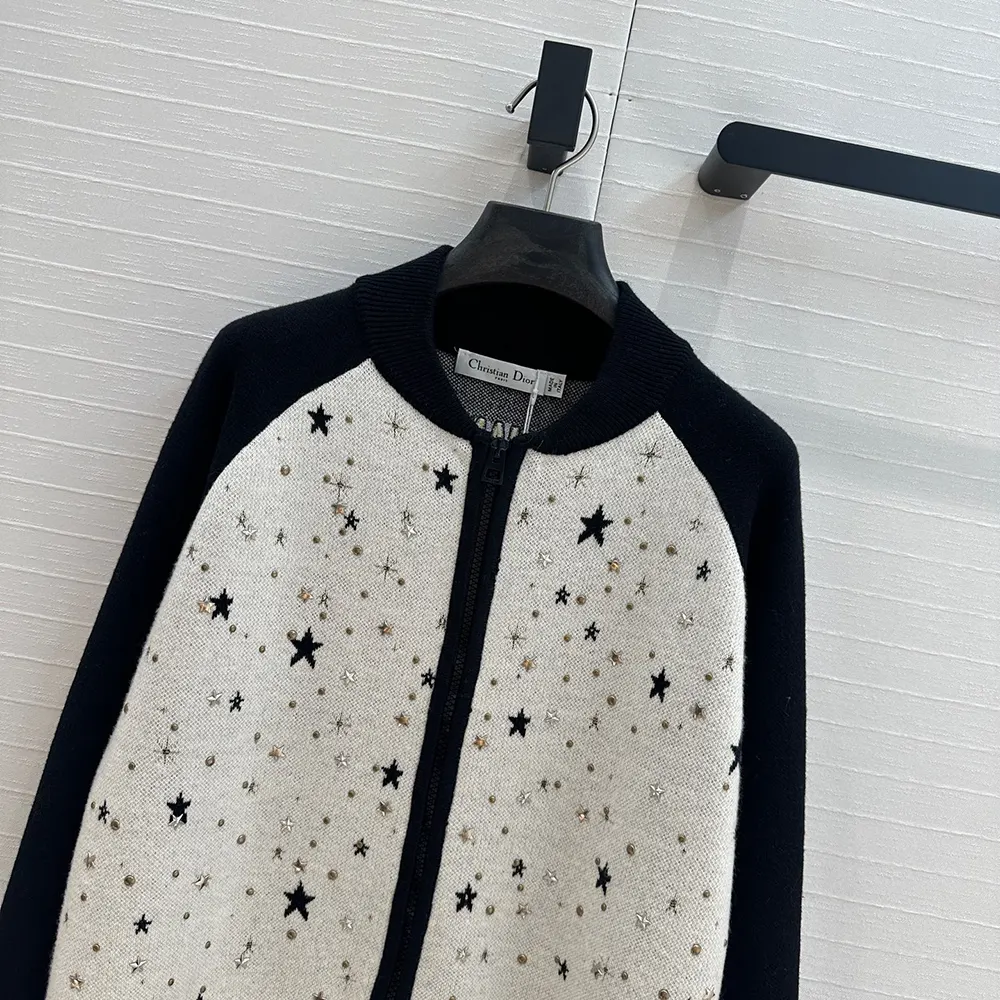 Dior Women Bomber Jacket Black and White Cashmere-Blend Knit with Multicolor Dior Astral Motif