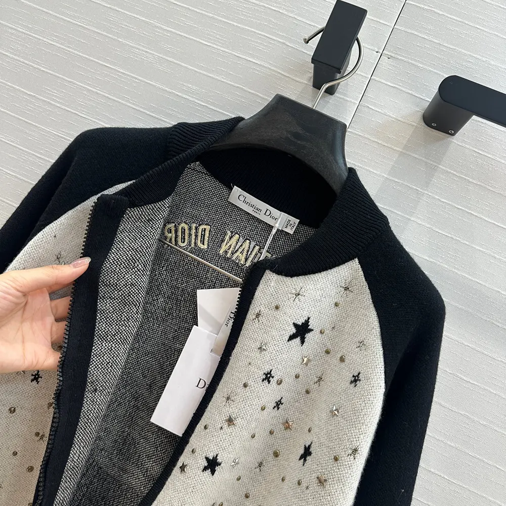 Dior Women Bomber Jacket Black and White Cashmere-Blend Knit with Multicolor Dior Astral Motif