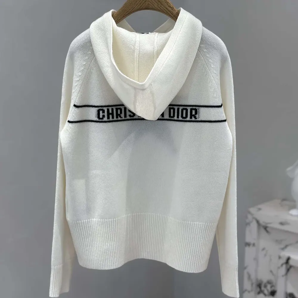 Dior Women DiorAlps Hooded Sweater White Wool and Cashmere Knit with Navy Blue Dior Star Motif
