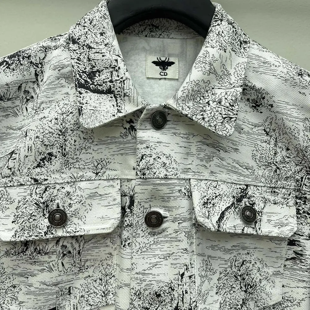 Dior Men Jacket White Cotton Denim with Blue Toile de Jouy Scotland Motif