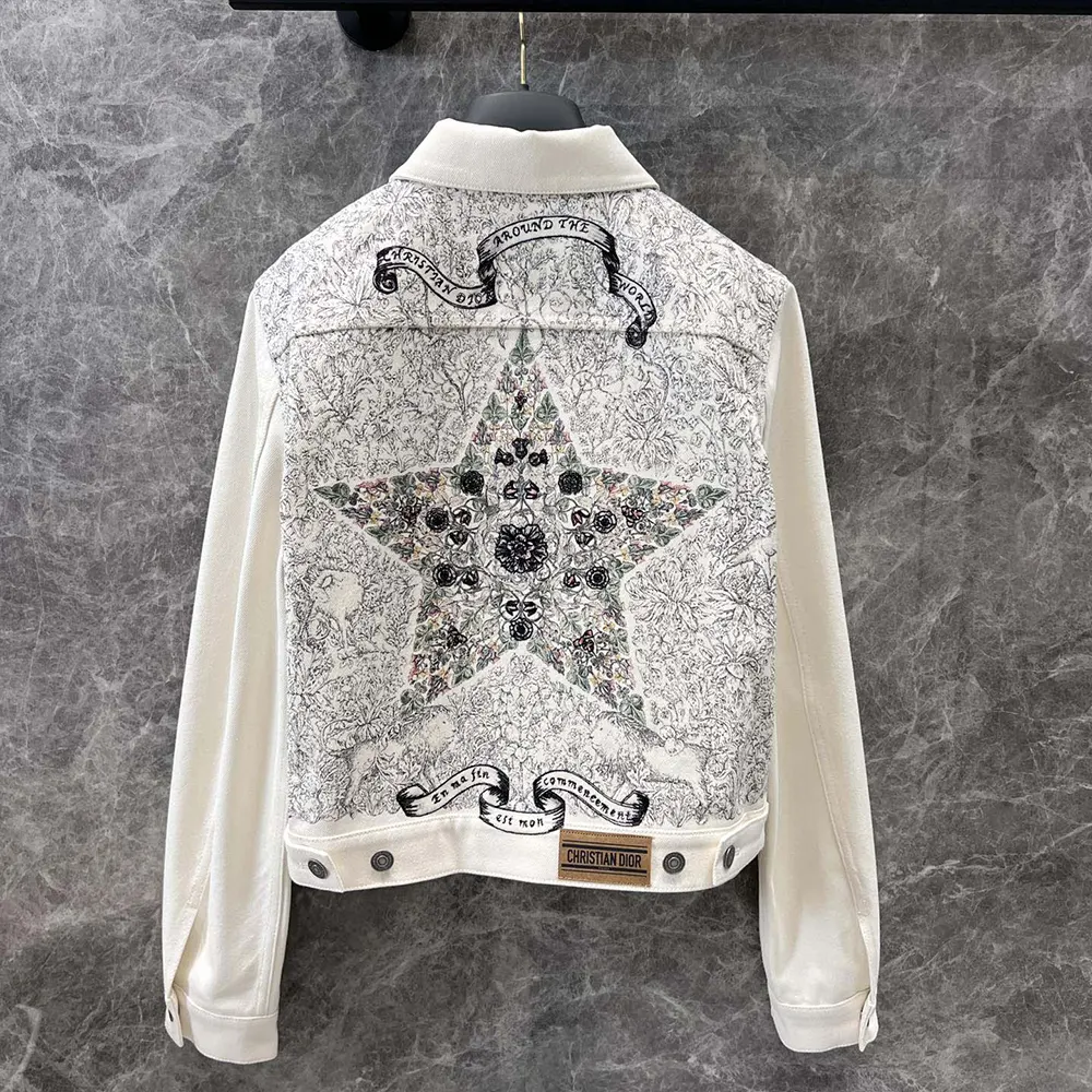 Dior Men Jacket White Cotton Denim with Gold-Tone Dior Around the World Motif