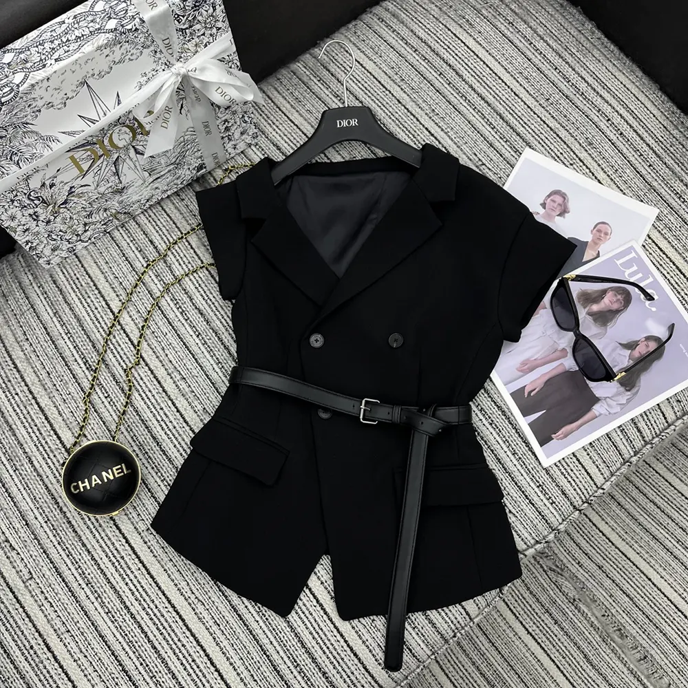 Dior Women Asymmetric Short-Sleeved Jacket with Belt Black Silk and Cotton Faille