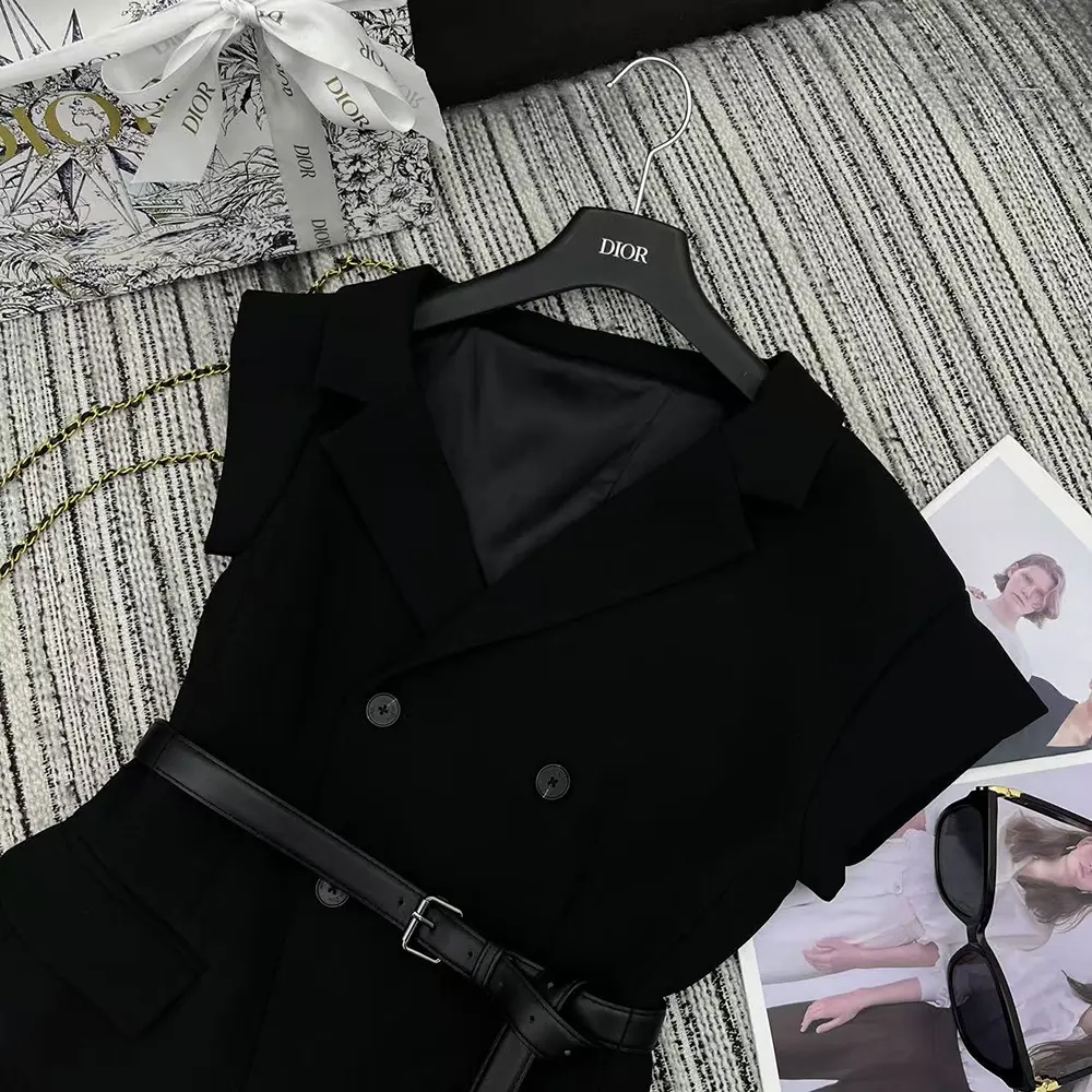 Dior Women Asymmetric Short-Sleeved Jacket with Belt Black Silk and Cotton Faille