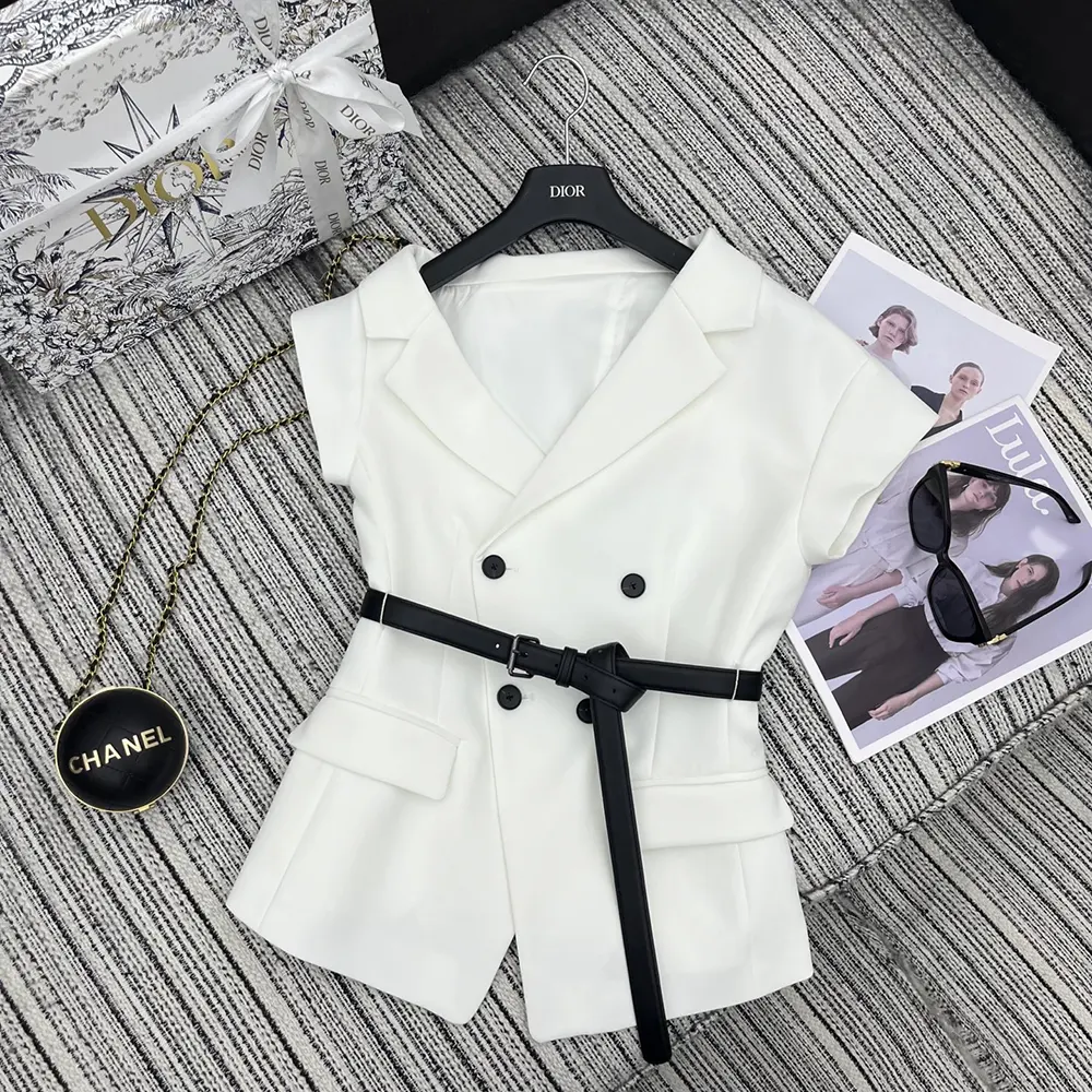 Dior Women Asymmetric Short-Sleeved Jacket with Belt Ecru Virgin Wool and Silk Grain de Poudre