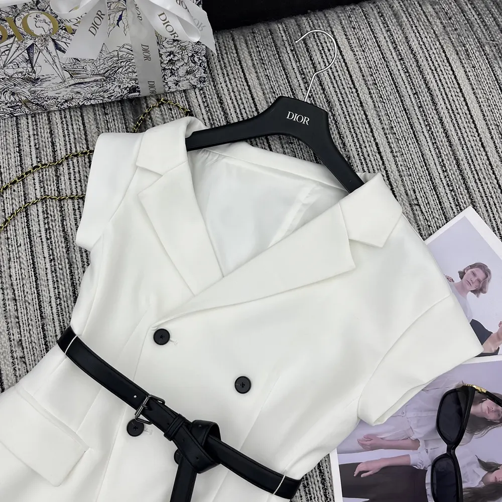 Dior Women Asymmetric Short-Sleeved Jacket with Belt Ecru Virgin Wool and Silk Grain de Poudre