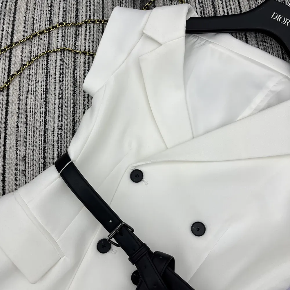 Dior Women Asymmetric Short-Sleeved Jacket with Belt Ecru Virgin Wool and Silk Grain de Poudre