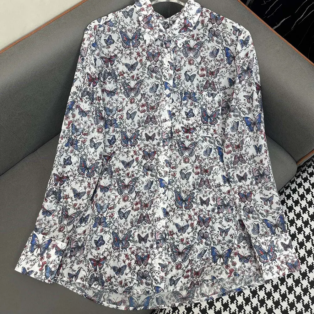 Dior Women Blouse White Cotton Muslin with Multicolor Toile de Jouy Papillon Motif